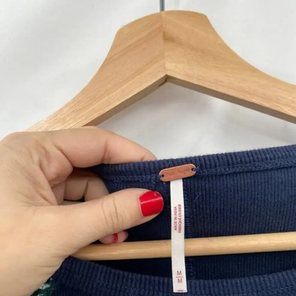 free people navy embroidered love‎ long sleeve thermal